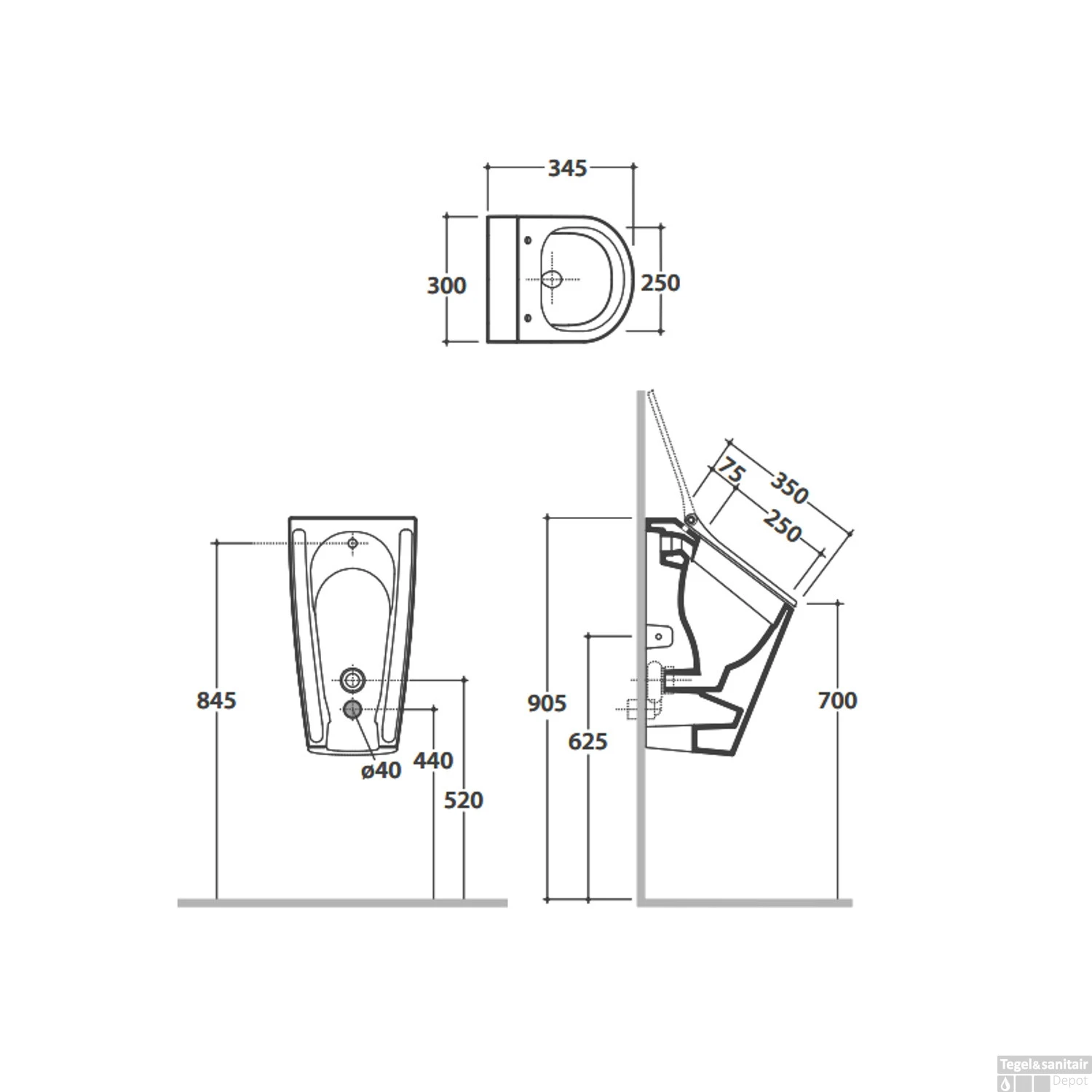 Hangend Urinoir Globo Forty3 30x35x56cm Met Voorbereide Gaten Mat Zwart - Afbeelding 2