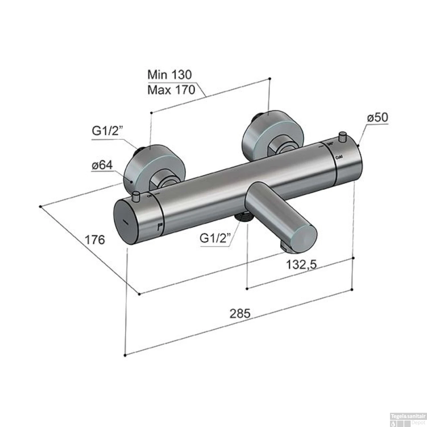 Hotbath Archie Thermostatische Badmengkraan 1/2” Onderaansluiting Met Uitloop RVS 316 AR008IX - Afbeelding 3
