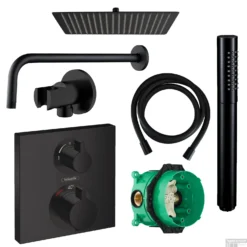 Hansgrohe Ecostat Regendoucheset Inbouw Wanduitloop Met Handdouche En Hoofddouche 20cm Thermostaat Vierkant Zwart