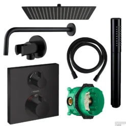 Hansgrohe Ecostat Regendoucheset Inbouw Wanduitloop Met Handdouche En Hoofddouche 30cm Thermostaat Vierkant Zwart