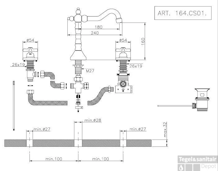 Huber Croisette 3-gats Wastafelmengkraan RVS 164CS01HNS 2 Huber Croisette 3-gats Wastafelmengkraan RVS 164CS01HNS - Afbeelding 2