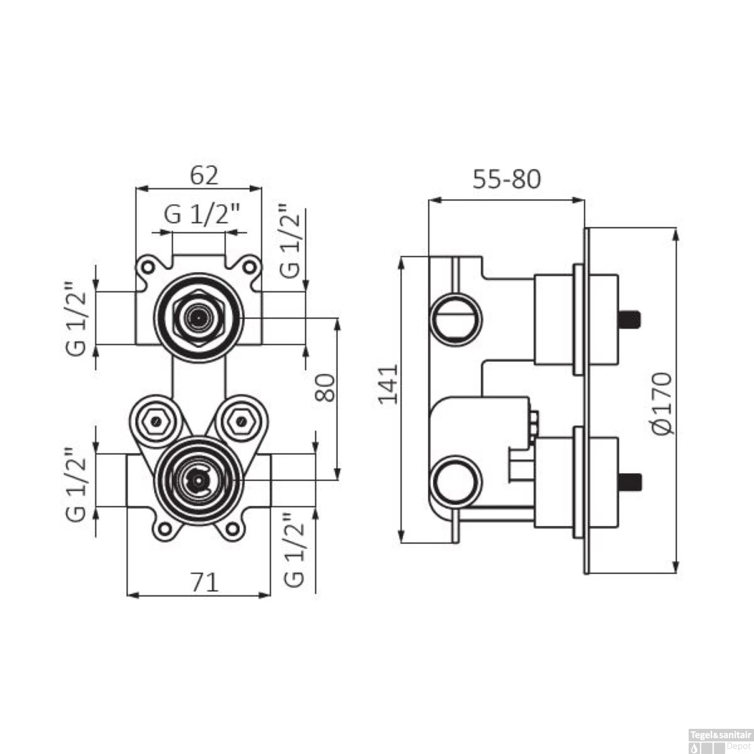 Inbouw Douchekraan GRB Aura Thermostatisch 2-Wegs Chroom 2 Inbouw Douchekraan GRB Aura Thermostatisch 2-Wegs Chroom - Afbeelding 2