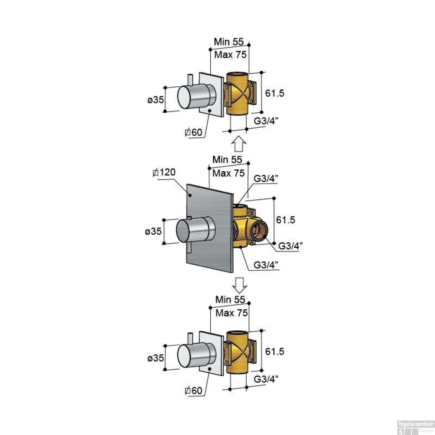 Inbouw Douchekraan Hotbath Laddy Thermostaat 2 Stopkraan Vierkant Geborsteld Nikkel 4 Inbouw Douchekraan Hotbath Laddy Thermostaat 2 Stopkraan Vierkant Geborsteld Nikkel - Afbeelding 4