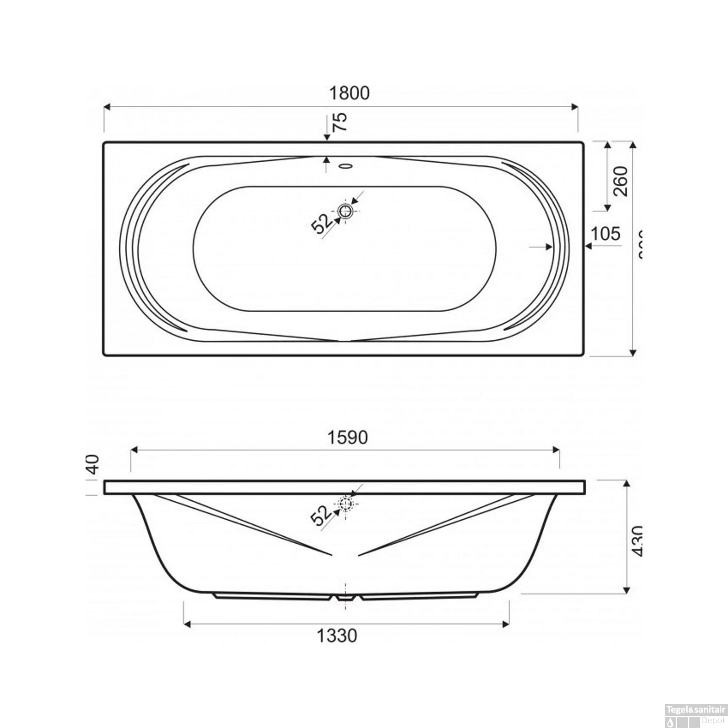 Inbouw Duo Ligbad Wisa Toscana 180x80x43 Cm Wit 2 Inbouw Duo Ligbad Wisa Toscana 180x80x43 Cm Wit - Afbeelding 2
