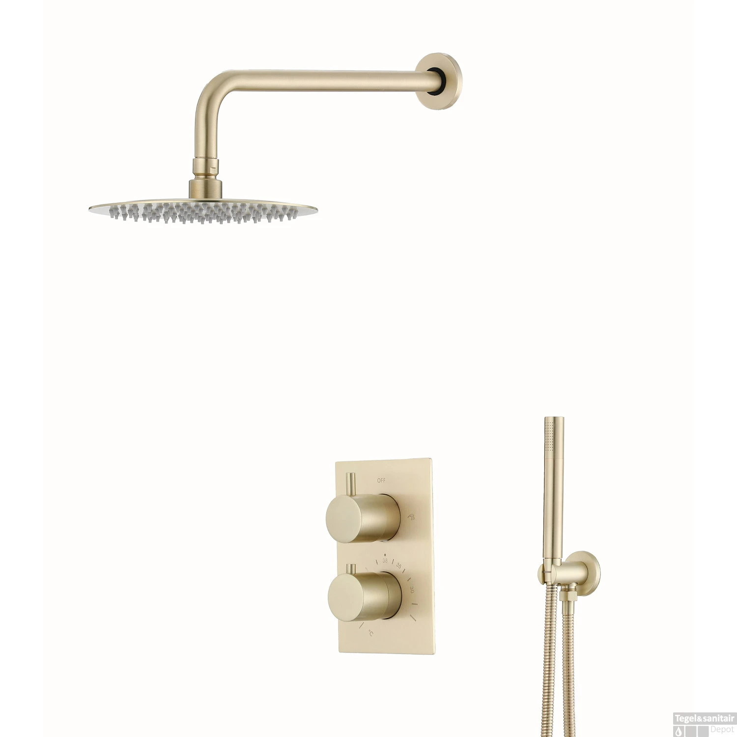 Inbouw Regendouche Set Boss & Wessing Gold Wanduitloop En 20 Cm Hoofddouche Mat Goud