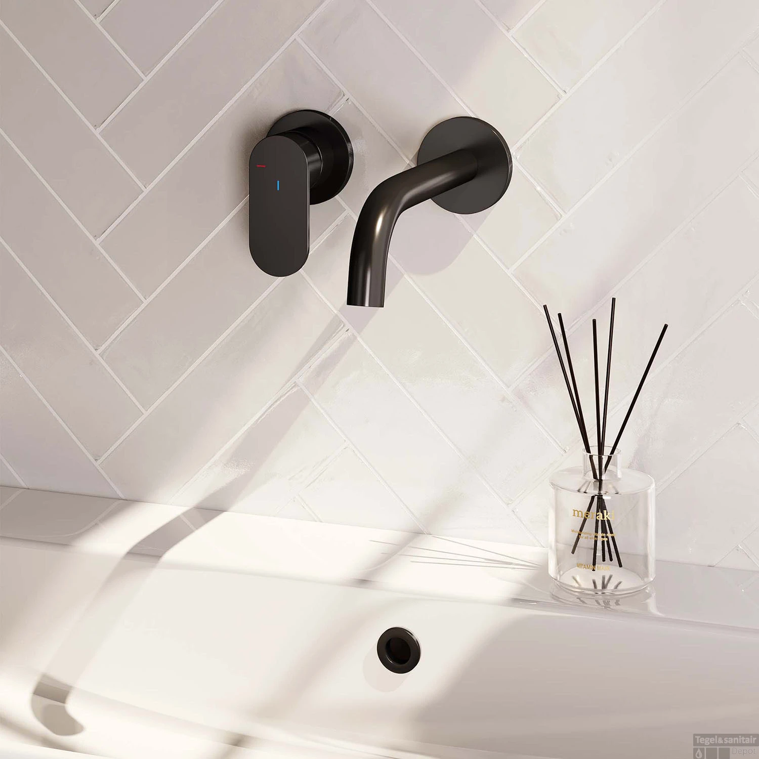 Inbouw Wastafelmengkraan Brauer Black Edition Coldstart Gebogen Uitloop Platte Hendel Links Mat Zwart Met Rozetten - Afbeelding 2