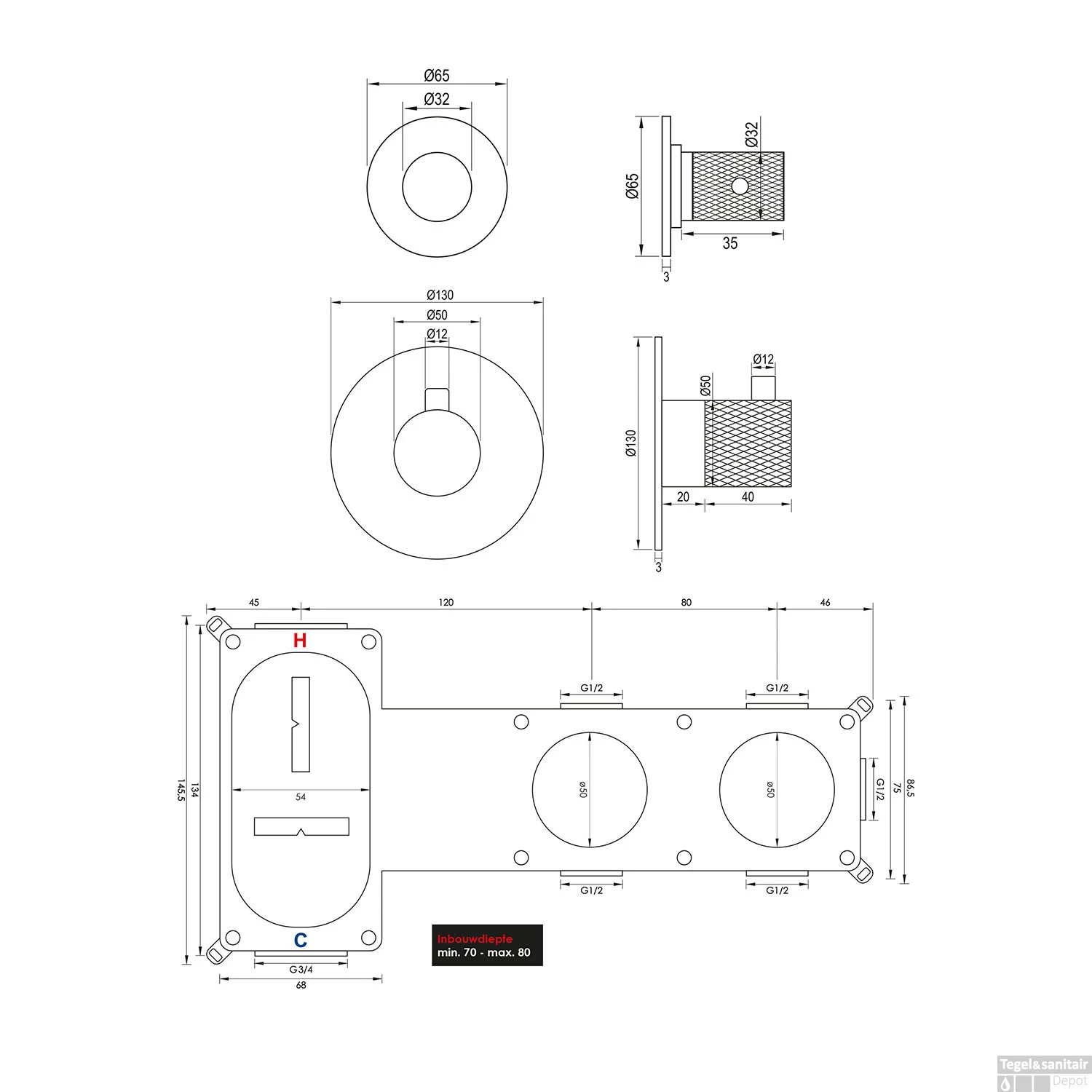 Inbouwthermostaatset Brauer Brushed Carving Incl 3 Standen Handdouche En Badafvoer RVS - Afbeelding 11