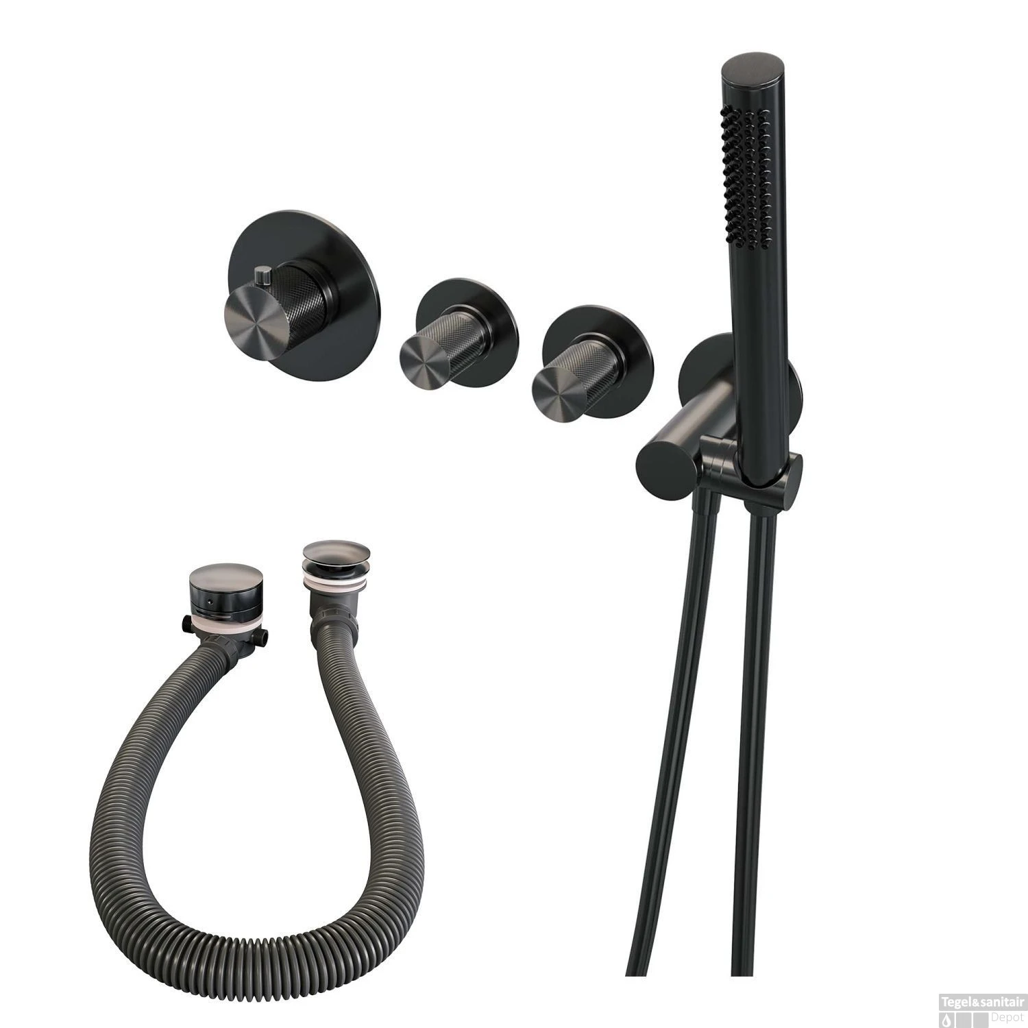 Inbouwthermostaatset Brauer Gunmetal Carving Incl Staafhanddouche En Badafvoer Geborsteld Gunmetal - Afbeelding 2