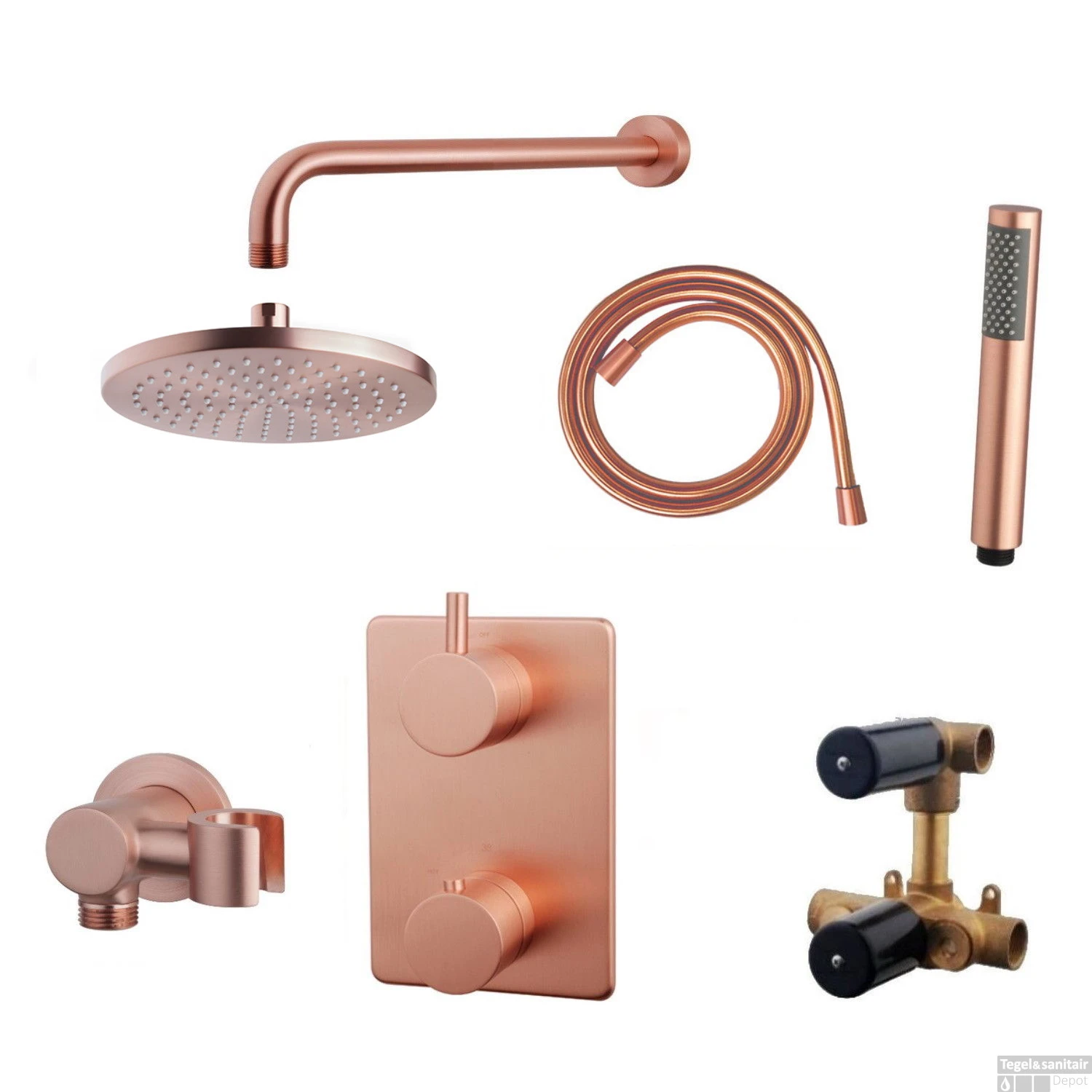 Inbouwthermostaatset Wiesbaden Caral Rond 20cm Muuruitloop Geborsteld Koper PVD Coating - Afbeelding 2