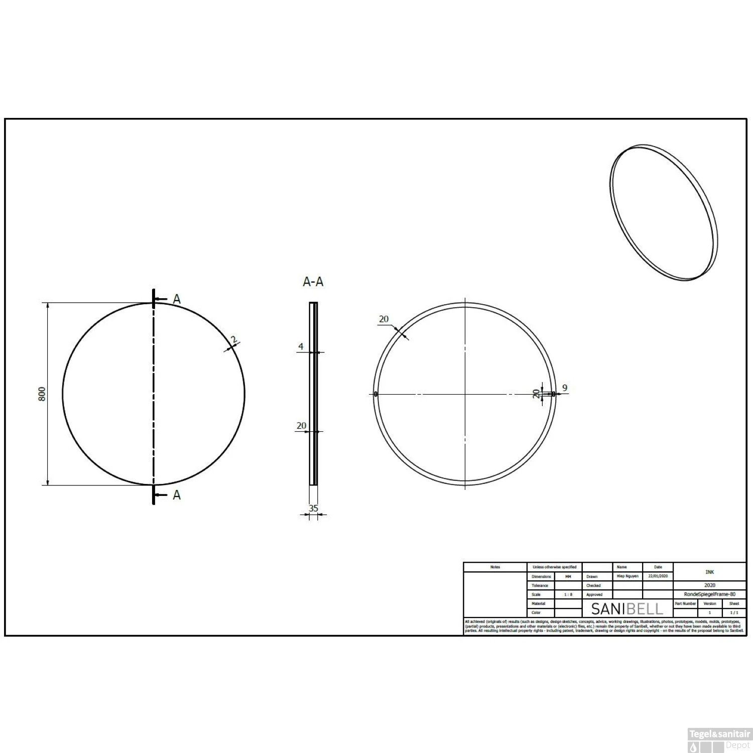 Ink Spiegel Rond Geborsteld Koper Aluminium Kader 80 X 3,5 Cm - Afbeelding 2
