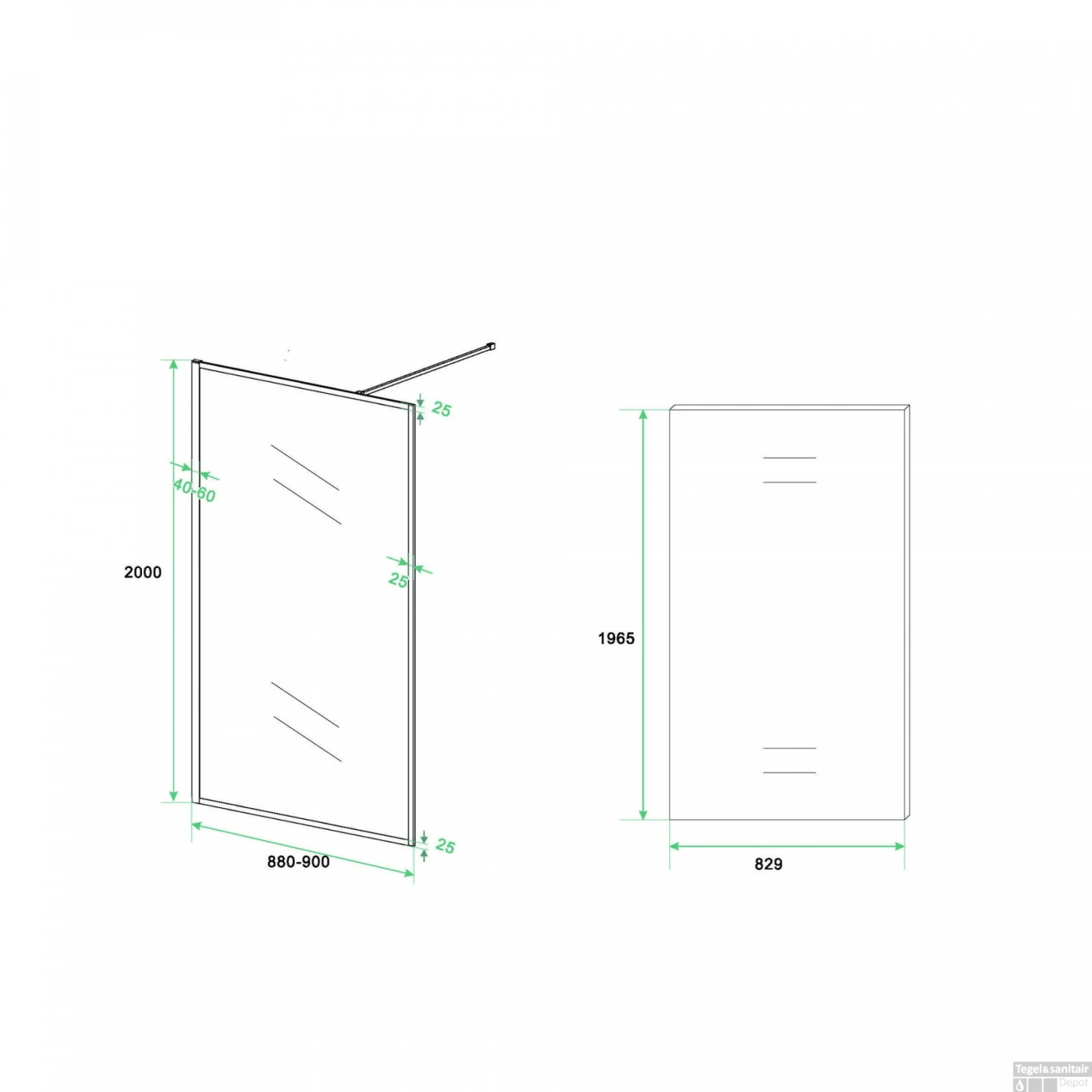 Inloopdouche Boss & Wessing Vidrios 90x200 Cm 10 Mm Met Stabilisatiestang NANO Mat Zwart - Afbeelding 3