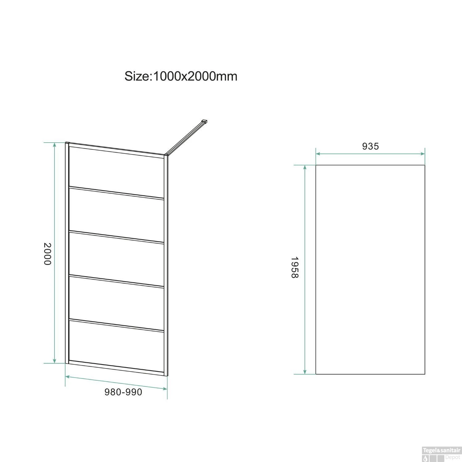 Inloopdouche BWS Black Line 100x200 Cm 8mm NANO Glas Mat Zwart Raster - Afbeelding 2