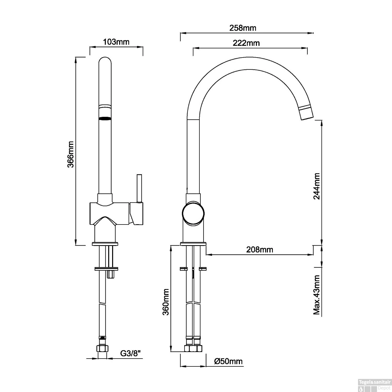 Keukenkraan BWS Mengkraan Hoog Gebogen Uitloop Geborsteld Messing Goud 2 Keukenkraan BWS Mengkraan Hoog Gebogen Uitloop Geborsteld Messing Goud - Afbeelding 2