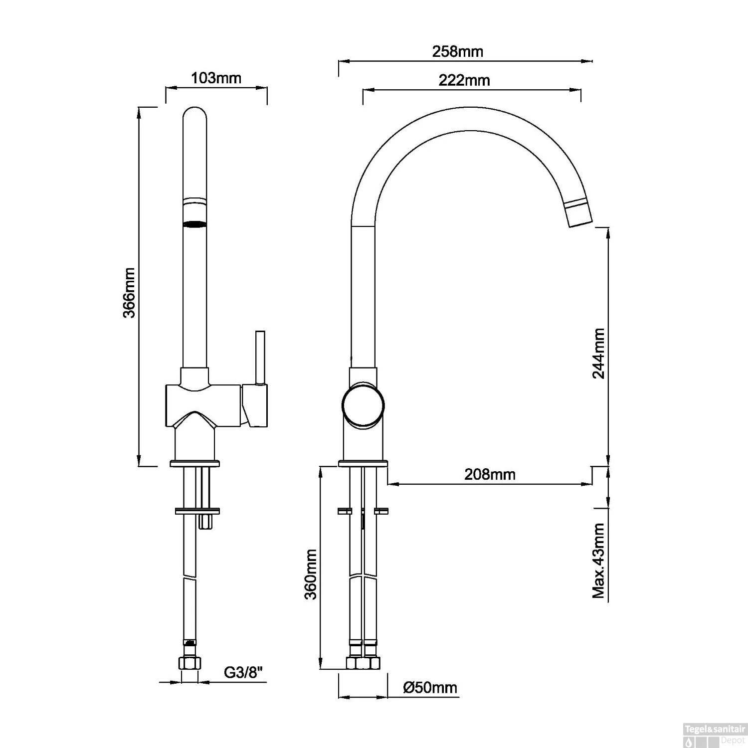 Keukenkraan BWS Mengkraan Hoog Gebogen Uitloop RVS 2 Keukenkraan BWS Mengkraan Hoog Gebogen Uitloop RVS - Afbeelding 2