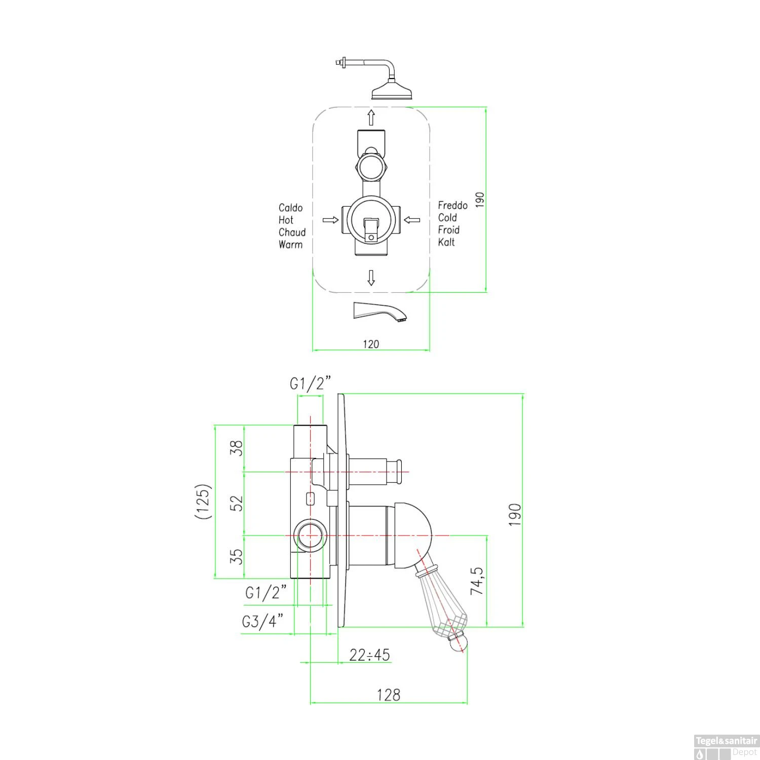 Douchekraan Inbouw Sapho Kirké Crystal Mengkraan Retro Afbouwdeel 2-weg Goud (incl. Inbouwdeel) - Afbeelding 5