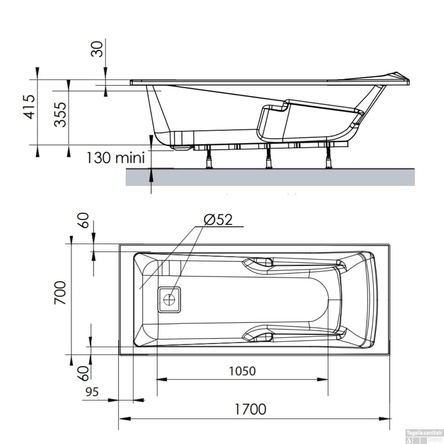 Ligbad Allibert Aero Confort Rechthoekig Bad 170x70x52 Cm Incl. Afvoerdeksel En Poten - Afbeelding 6