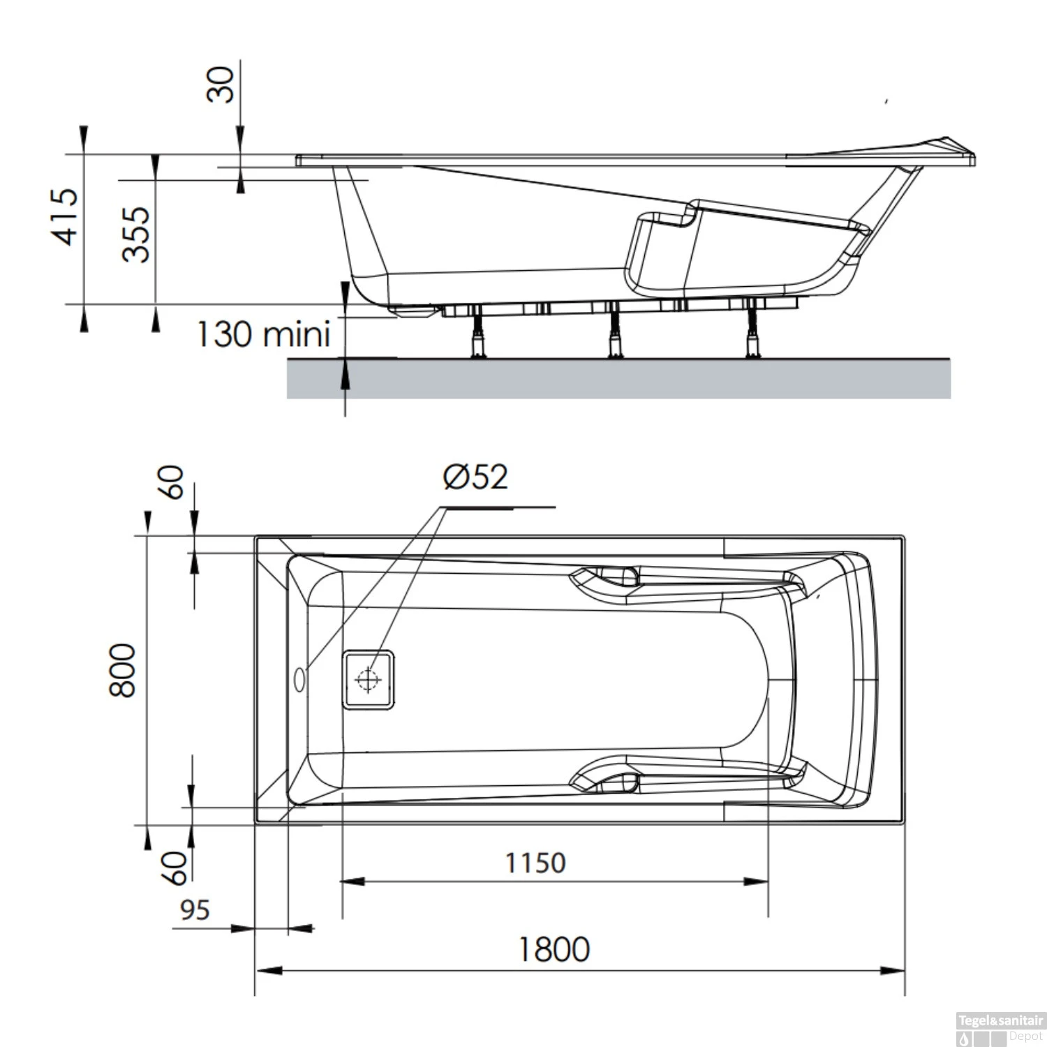 Ligbad Allibert Aero Confort Rechthoekig Bad 180x80x52 Cm Incl. Afvoerdeksel En Poten 6 Ligbad Allibert Aero Confort Rechthoekig Bad 180x80x52 Cm Incl. Afvoerdeksel En Poten - Afbeelding 6