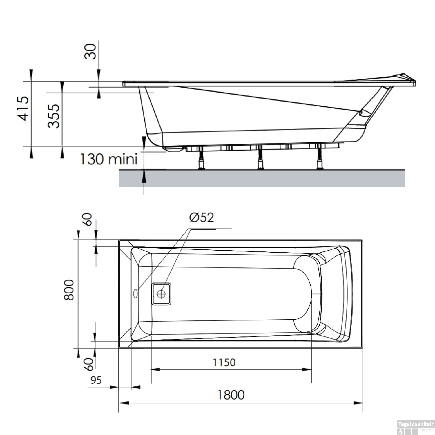 Ligbad Allibert Aero Rechthoekig Bad 180x80x52 Cm Incl. Afvoerdeksel En Poten - Afbeelding 5