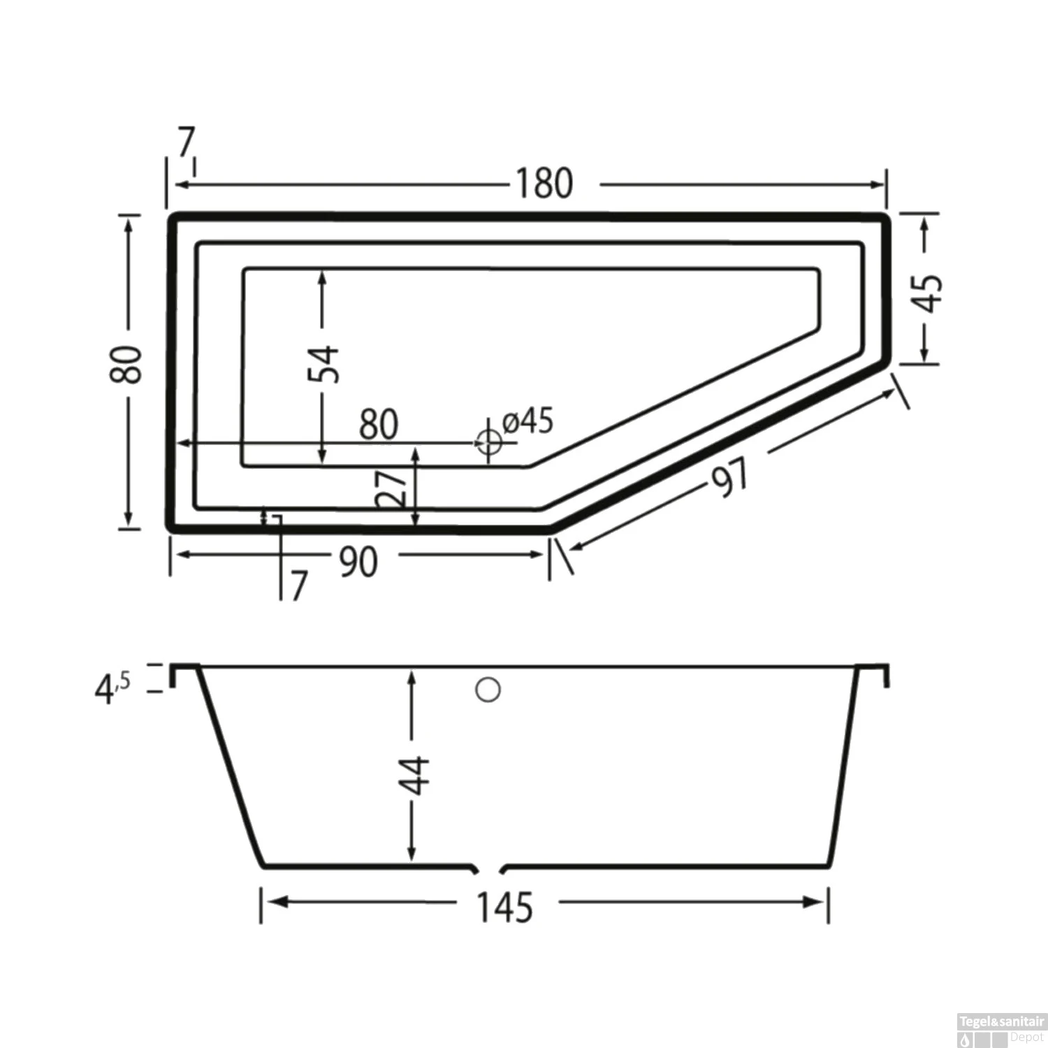 Ligbad Beterbad Xenz Society Compact Rechts 180x80x44 Cm Gebroken Wit - Afbeelding 2