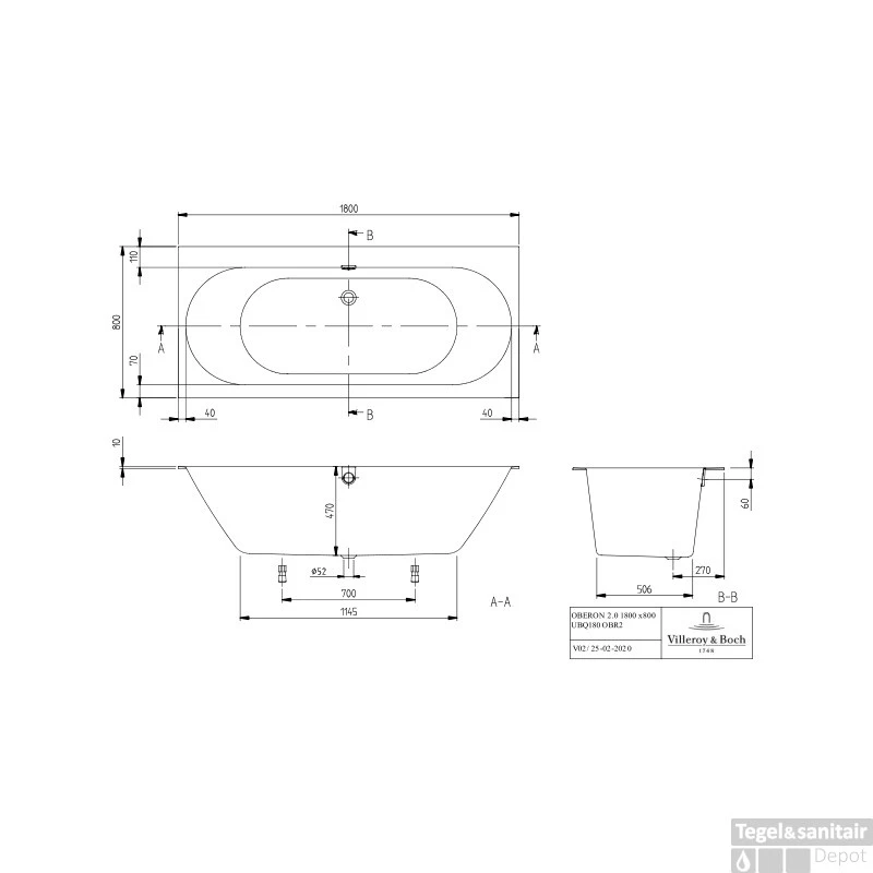 Ligbad Villeroy & Boch Oberon Duobad Quaryl 180 X 80 CM Met Poten Inclusief Overloopcombinatie Wit Alpin - Afbeelding 3