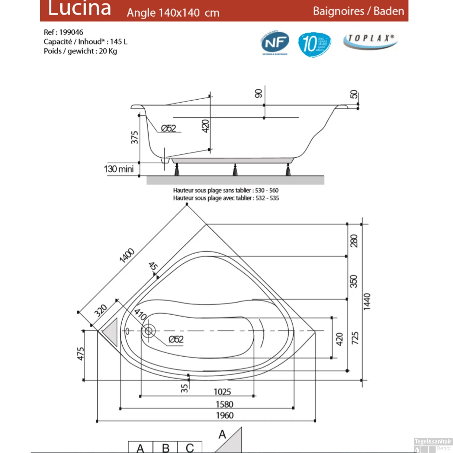 Hoekbad Allibert Lucina 140x140 Cm 2 Hoekbad Allibert Lucina 140x140 Cm - Afbeelding 2