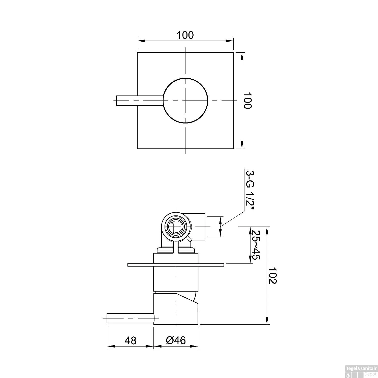 Douchekraan Inbouw Sapho Minimal Mengkraan Afbouwdeel 1-weg RVS (incl. Inbouwdeel) - Afbeelding 2
