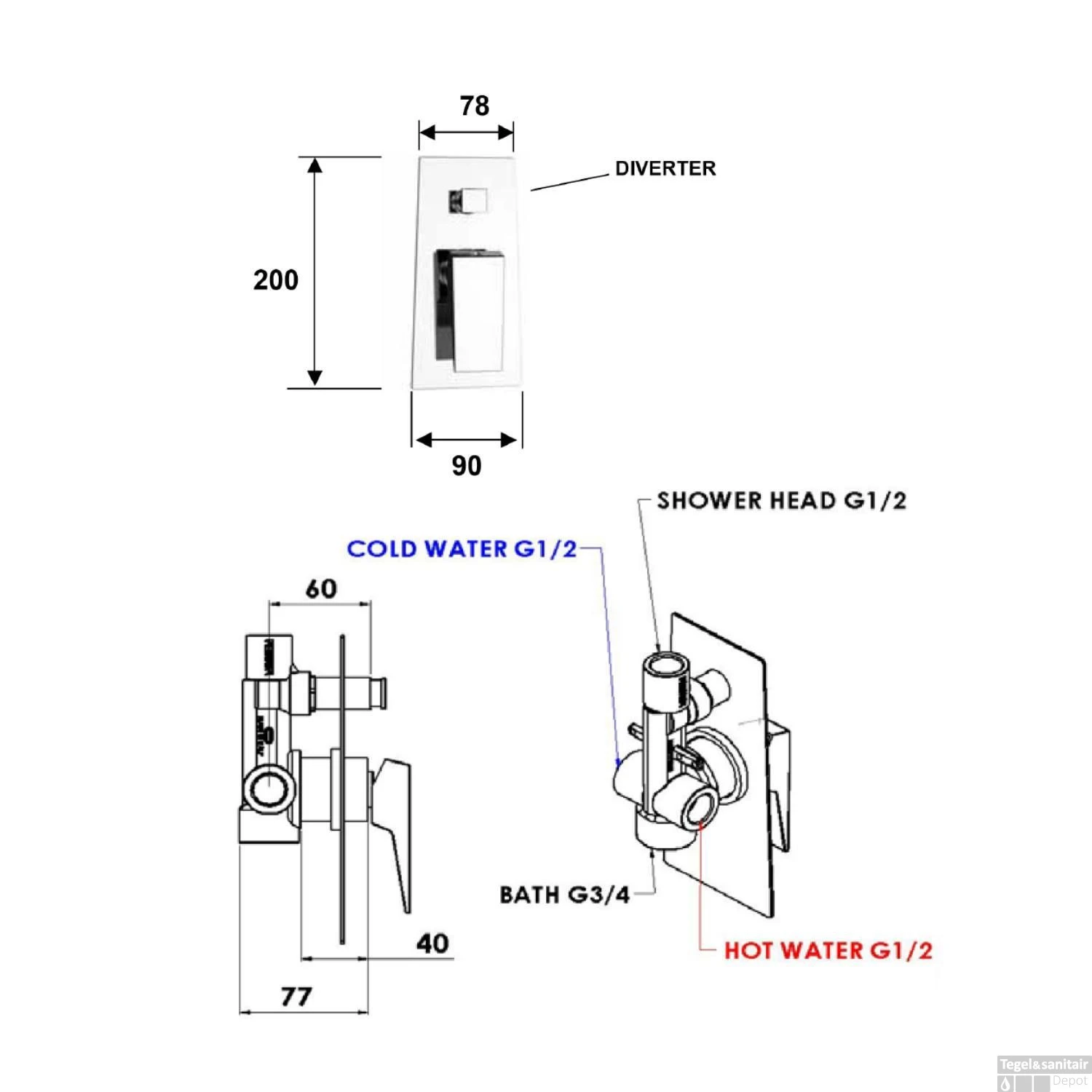 Douchekraan Inbouw Sapho Morada Mengkraan Afbouwdeel 2-weg Chroom (incl. Inbouwdeel) - Afbeelding 3