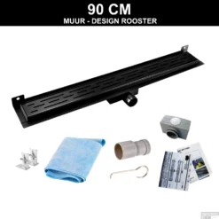 Mat Zwarte RVS Douchegoot Muurflens Met Uitneembaar Sifon 90x7cm 6,7cm Diep Mat Zwart