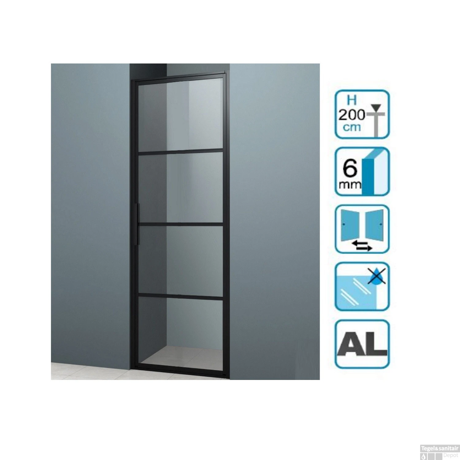 Nisdeur Lacus Tremiti 70x200 Cm 6mm Helder Glas Mat Zwart Aluminium Profiel - Afbeelding 2