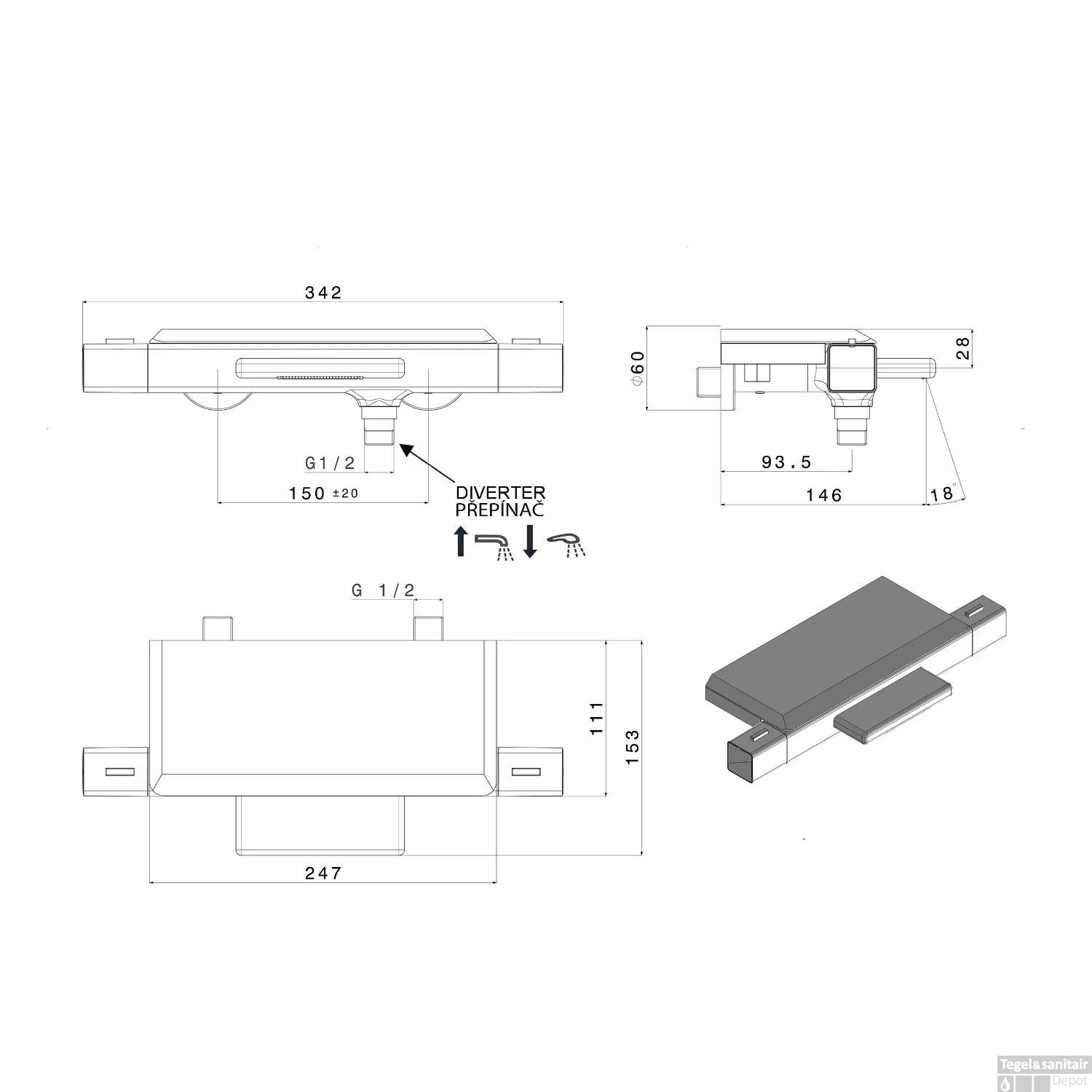 Opbouw Badkraan Sapho Notos Thermostaatkraan Waterval 2-knop 14.6 Cm Chroom (incl. Zeephouder) - Afbeelding 3