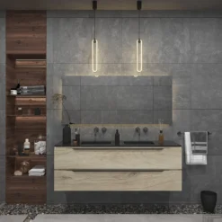 Badkamermeubelset Gliss Design Hera Mat Zwart 200cm 4 Laden Licht Grijs Eiken (Keuze Wastafel) -Baden Luxe Verkoop onderkast licht grijs eiken 160 cm 3