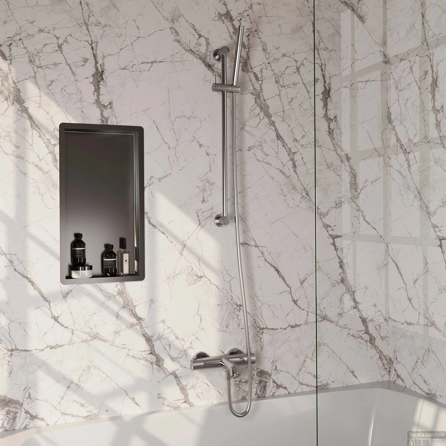 Opbouwset Bad- En Douchekraan Brauer Brushed Carving Thermostatisch Met Glijstang Geborsteld RVS