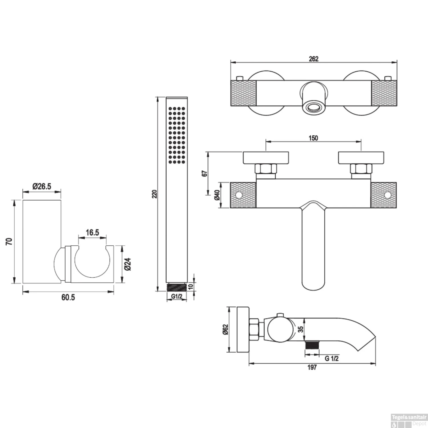 Opbouwset Bad- En Douchekraan Brauer Gunmetal Carving Thermostatisch Met Wandhouder Geborsteld Gunmetal - Afbeelding 8