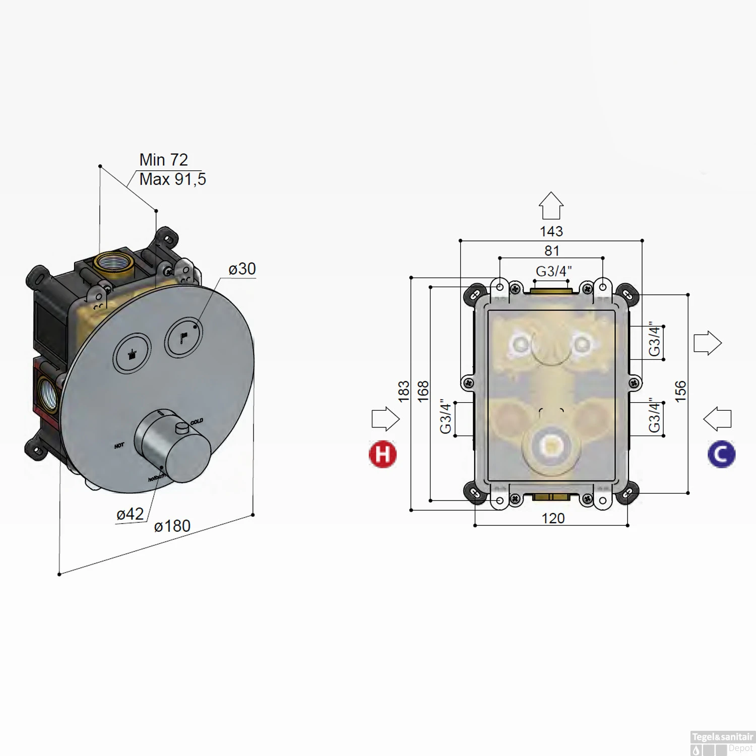 Douchethermostaat Hotbath Cobber Inbouw 2 Pushbuttons Rond Verouderd Messing (excl. Inbouwdeel) - Afbeelding 3