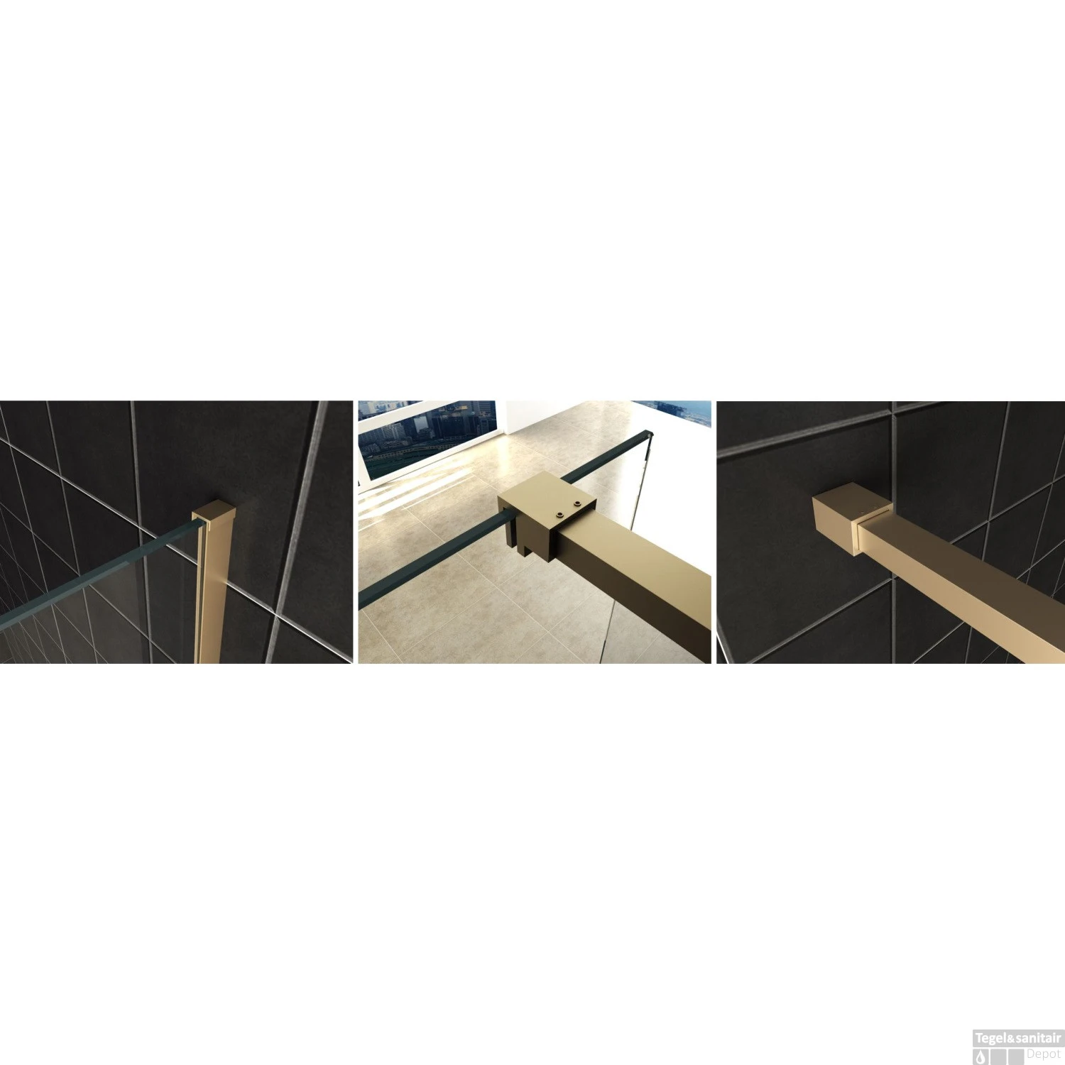 BWS Inloopdouche Pro Line Rookglas Met Middenband 100x200 8mm Nano Coating Geborsteld Messing Goud Profiel En Stang - Afbeelding 5