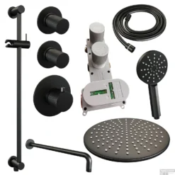 Regendoucheset Inbouw Brauer Black Carving Thermostatisch 30cm Met Gebogen Wandarm, Glijstang En Handdouche 3-Standen Mat Zwart -Baden Luxe Verkoop regendoucheset inbouw brauer black carving thermostatisch 30cm met gebogen wandarm glijstang en handdouche 3 standen sfeer 1