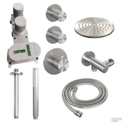 Regendoucheset Inbouw Brauer Brushed Carving Thermostatisch 20cm Met Plafondarm En Handdouche Staaf Losse Stopkranen Geborsteld RVS -Baden Luxe Verkoop regendoucheset inbouw brauer brushed carving thermostatisch 20cm met plafondarm shop