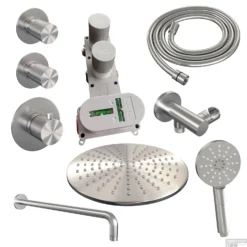 Regendoucheset Inbouw Brauer Brushed Carving Thermostatisch 30cm Met Gebogen Wandarm En Handdouche 3-Standen Losse Stopkranen Geborsteld RVS -Baden Luxe Verkoop regendoucheset inbouw brauer brushed carving thermostatisch 30cm met gebogen wandarm en handdouche 3 shop