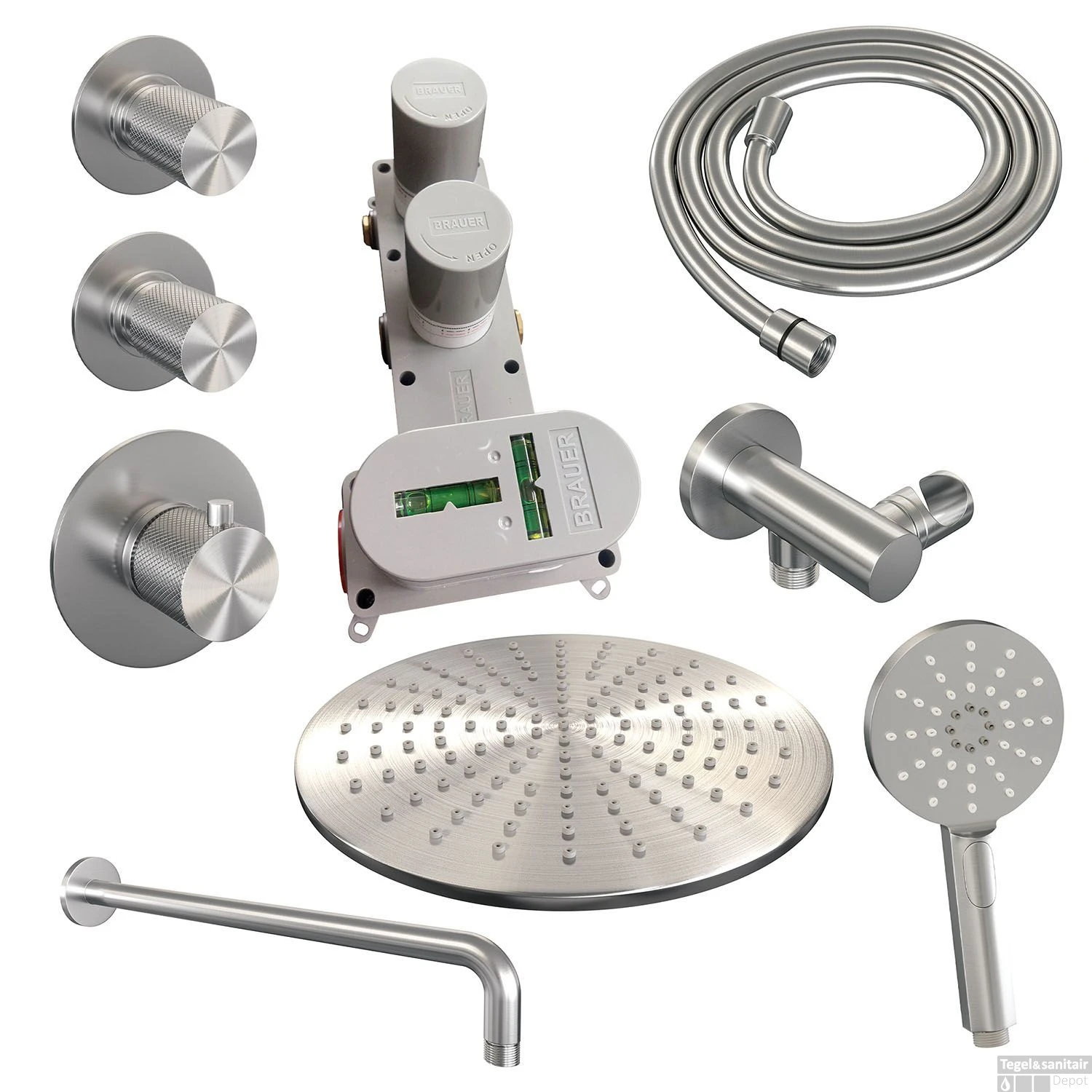 Regendoucheset Inbouw Brauer Brushed Carving Thermostatisch 30cm Met Gebogen Wandarm En Handdouche 3-Standen Losse Stopkranen Geborsteld RVS - Afbeelding 3