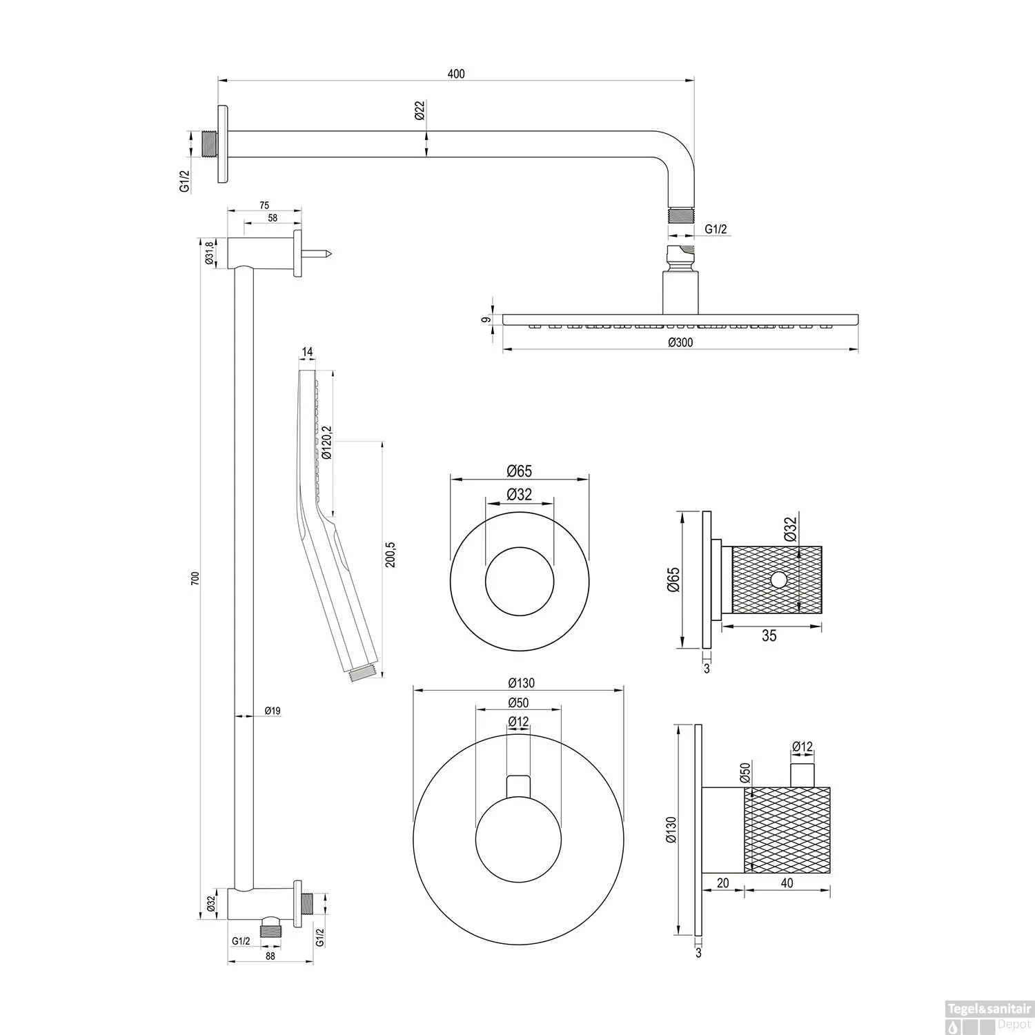 Regendoucheset Inbouw Brauer Brushed Carving Thermostatisch 30cm Met Gebogen Wandarm, Glijstang En Handdouche 3-Standen Geborsteld RVS - Afbeelding 12