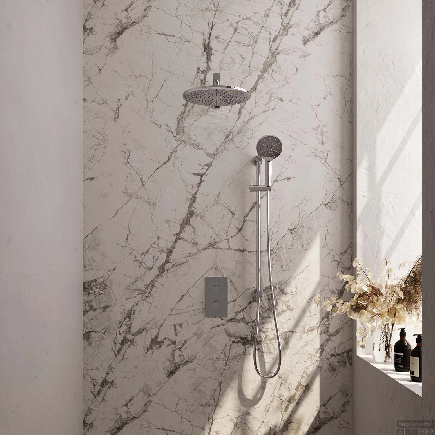 Regendoucheset Inbouw Brauer Chrome Carving Thermostatisch 30cm Met 3-Weg Omstelling, Wandarm, Glijstang En 3-Standen Handdouche Chroom