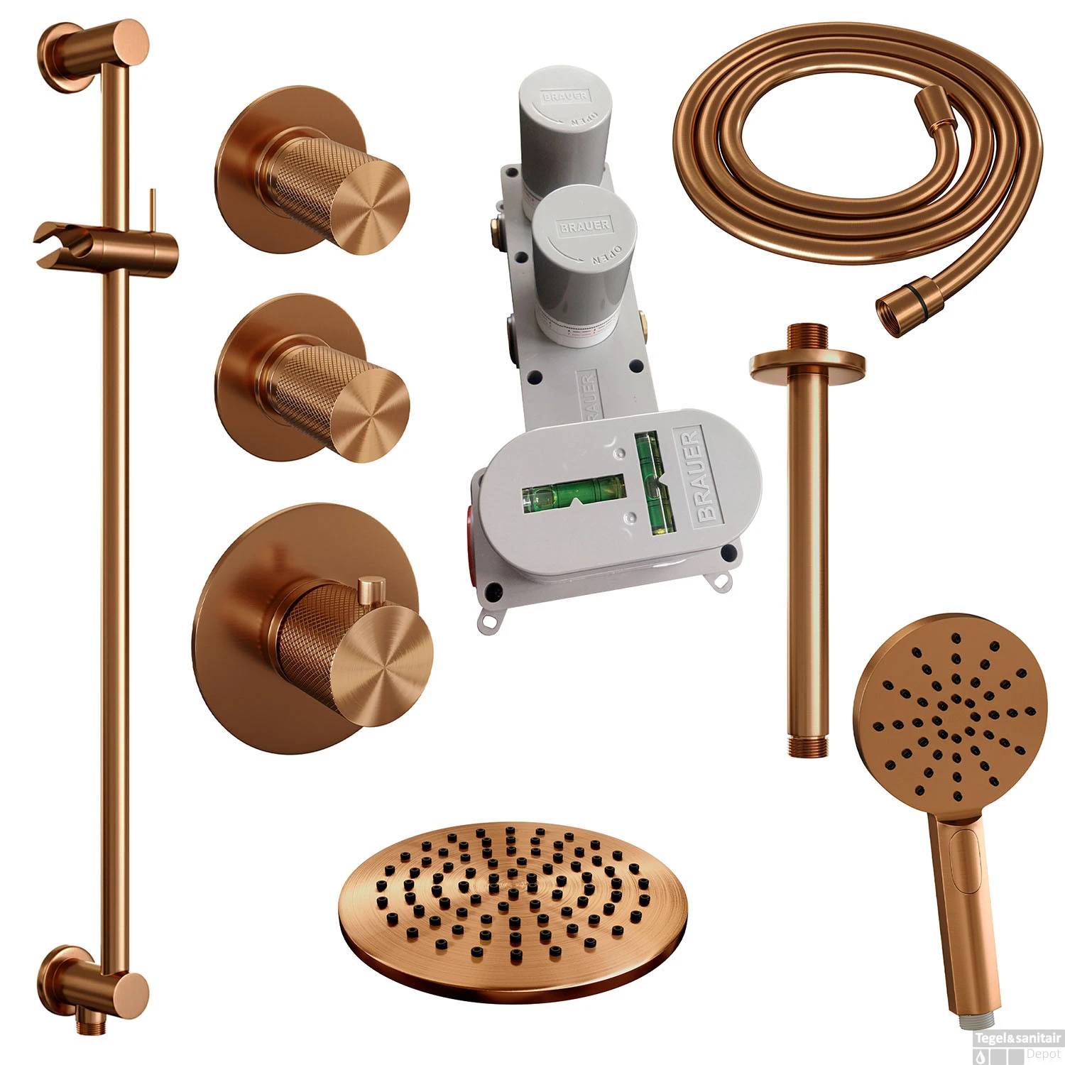 Regendoucheset Inbouw Brauer Copper Carving Thermostatisch 20cm Met Plafondarm, Glijstang En Handdouche 3-Standen Losse Stopkranen Geborsteld Koper 3 Regendoucheset Inbouw Brauer Copper Carving Thermostatisch 20cm Met Plafondarm, Glijstang En Handdouche 3-Standen Losse Stopkranen Geborsteld Koper - Afbeelding 3