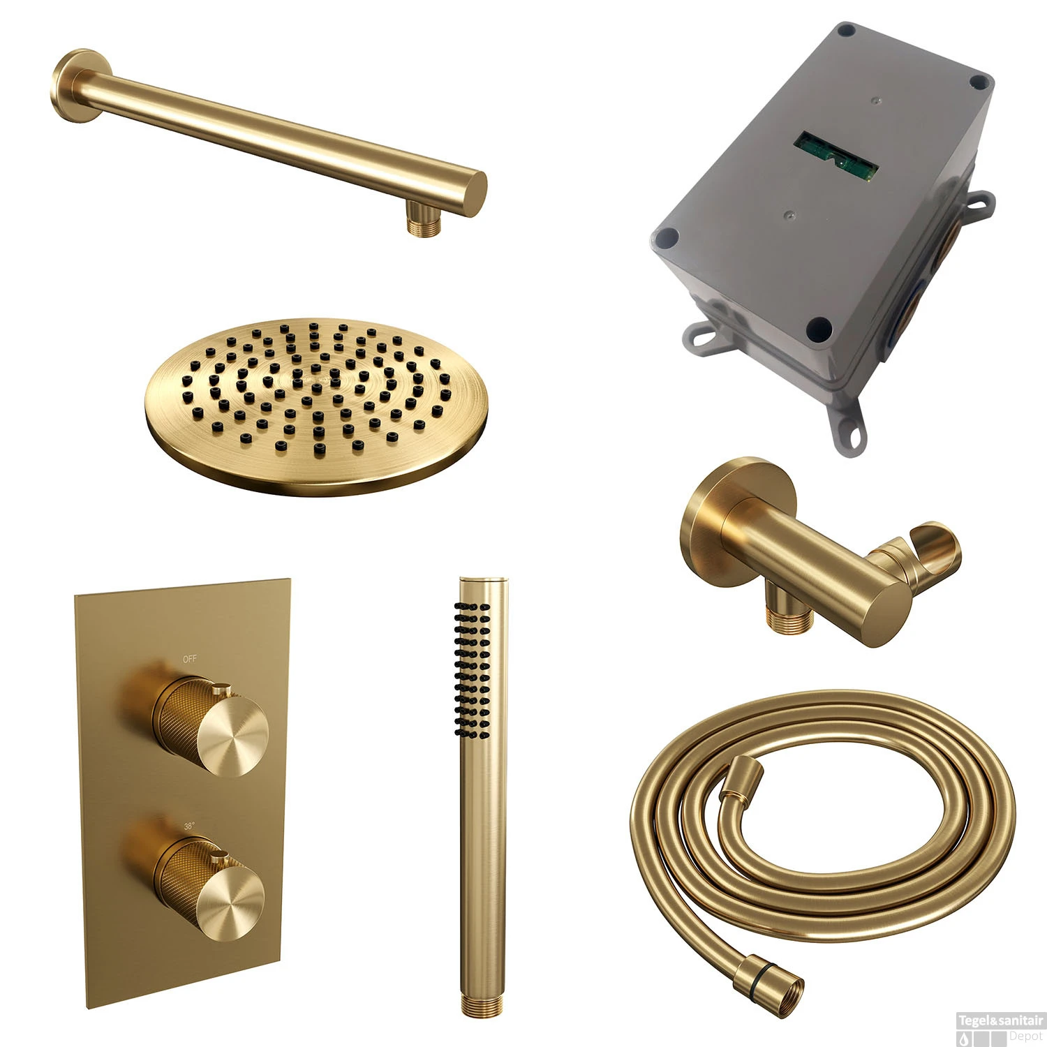 Regendoucheset Inbouw Brauer Gold Carving Thermostatisch 20cm Met 3-Weg Omstelling, Wandarm En Staaf Handdouche Geborsteld Goud - Afbeelding 4