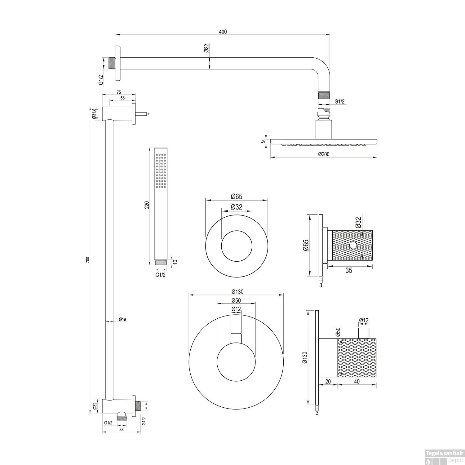 Regendoucheset Inbouw Brauer Gold Carving Thermostatisch 20cm Met Gebogen Wandarm, Glijstang En Handdouche Staaf Losse Stopkranen Geborsteld Goud - Afbeelding 12