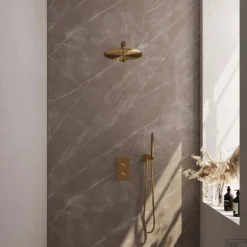 Regendoucheset Inbouw Brauer Gold Carving Thermostatisch 30cm Met 3-Weg Omstelling, Wandarm En Staaf Handdouche Geborsteld Goud