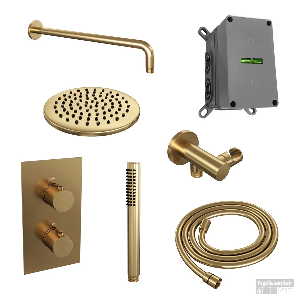 Regendoucheset Inbouw Brauer Gold Edition Thermostatisch 20cm Met 3-Weg Omstelling, Gebogen Wandarm En Staaf Handdouche Geborsteld Goud - Afbeelding 2