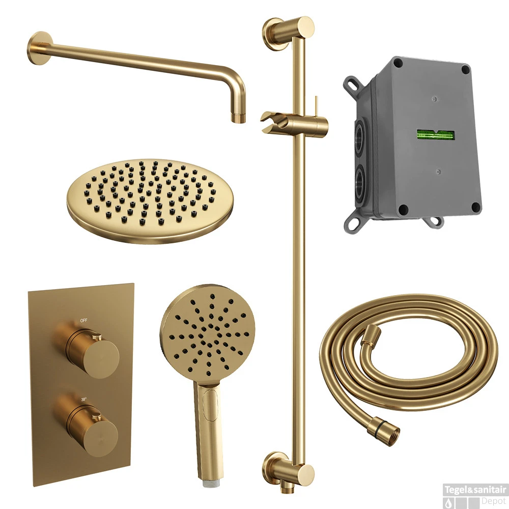 Regendoucheset Inbouw Brauer Gold Edition Thermostatisch 20cm Met 3-Weg Omstelling, Gebogen Wandarm, Glijstang En Handdouche 3-Standen Geborsteld Goud - Afbeelding 2