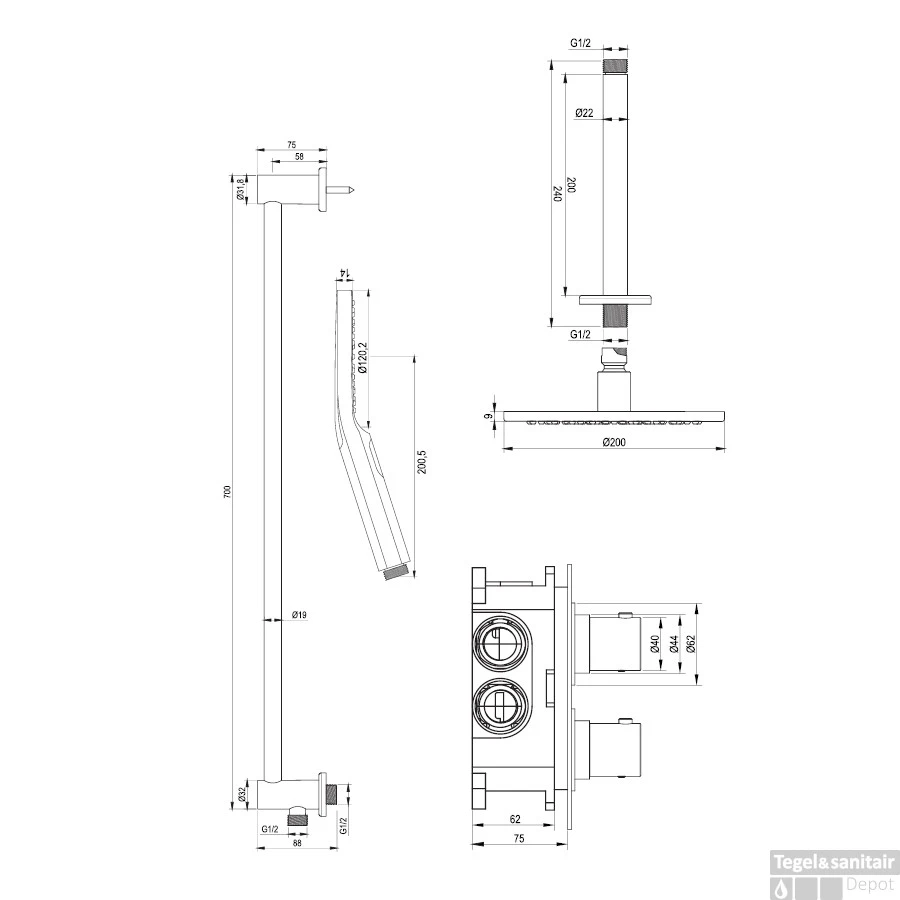 Regendoucheset Inbouw Brauer Gold Edition Thermostatisch 20cm Met 3-Weg Omstelling, Plafondarm, Glijstang En Handdouche 3-Standen Geborsteld Goud - Afbeelding 10