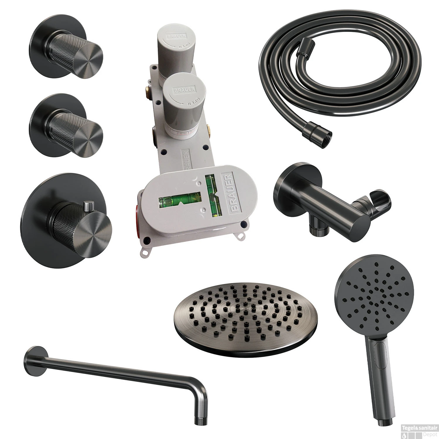 Regendoucheset Inbouw Brauer Gunmetal Carving Thermostatisch 20cm Met Gebogen Wandarm En Handdouche 3-Standen Losse Stopkranen Geborsteld Gunmetal - Afbeelding 3