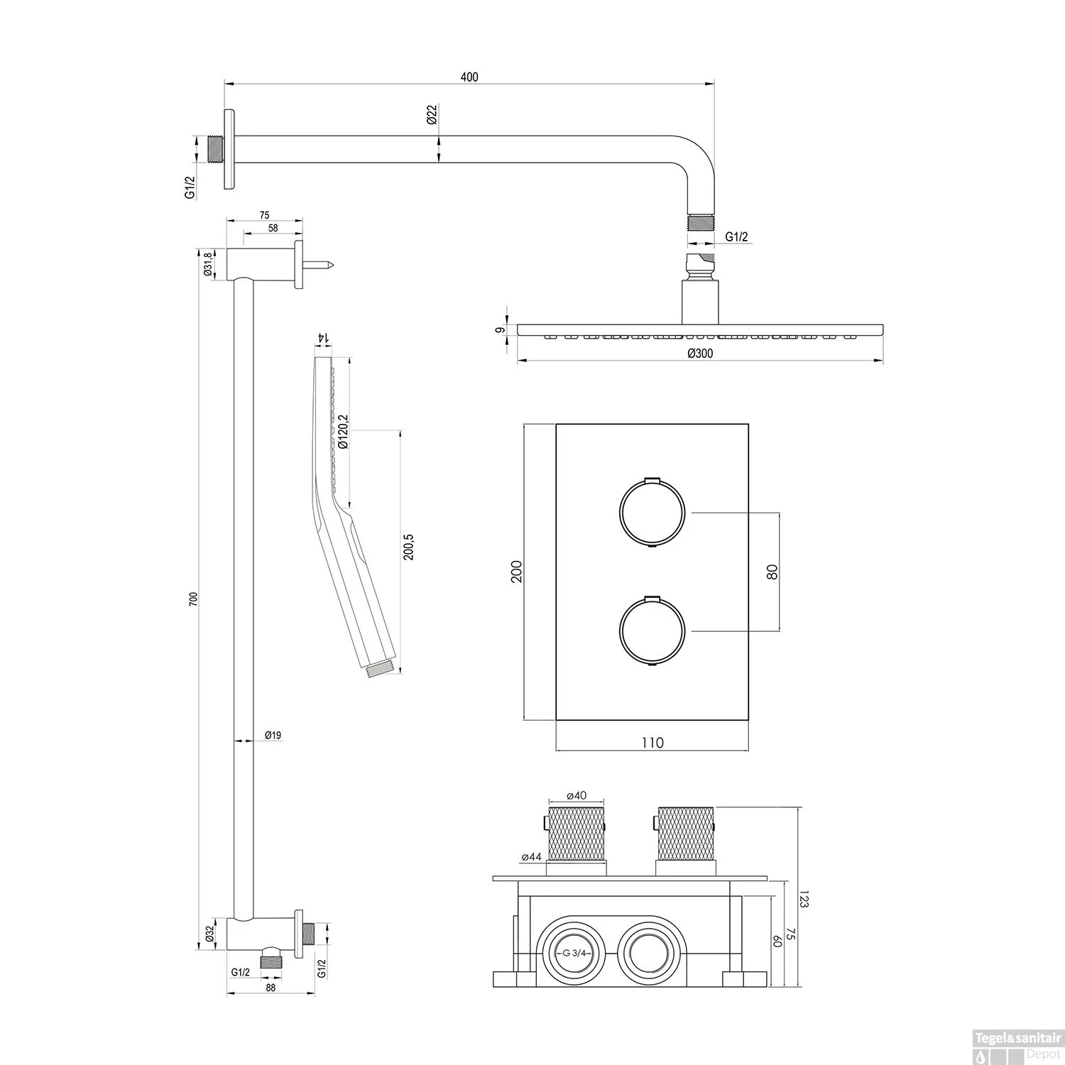 Regendoucheset Inbouw Brauer Gunmetal Carving Thermostatisch 30cm Met 3-Weg Omstelling, Gebogen Wandarm, Glijstang En 3-Standen Handdouche Geborsteld Gunmetal - Afbeelding 12